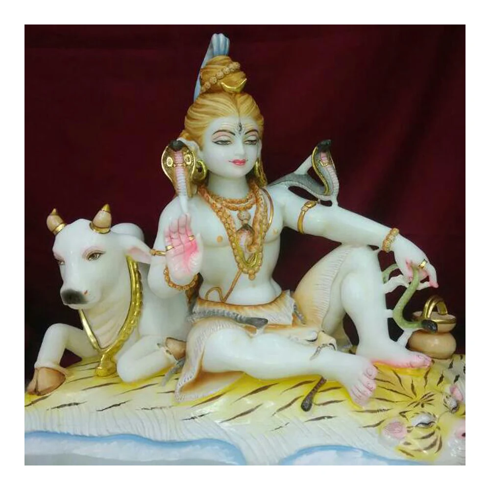 Красочная статуя бога из чистого белого мрамора с Nandi Ji для декоративных целей таких как домашний офис и Shivratri Pujan