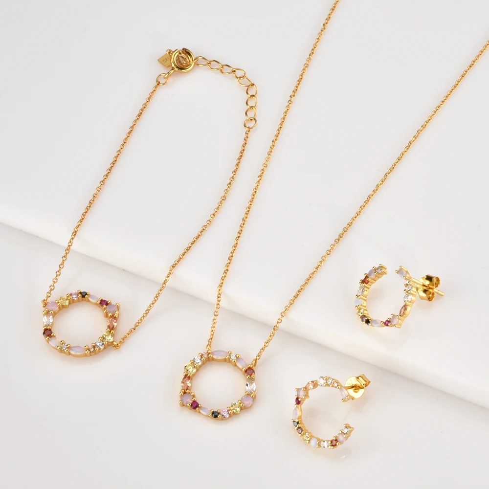 FUAMAY Flower Garland Jewelry Sets 18k Gold Plated Big Geometric Circle Rainbow Opal Bracelets Earring Necklace Sets