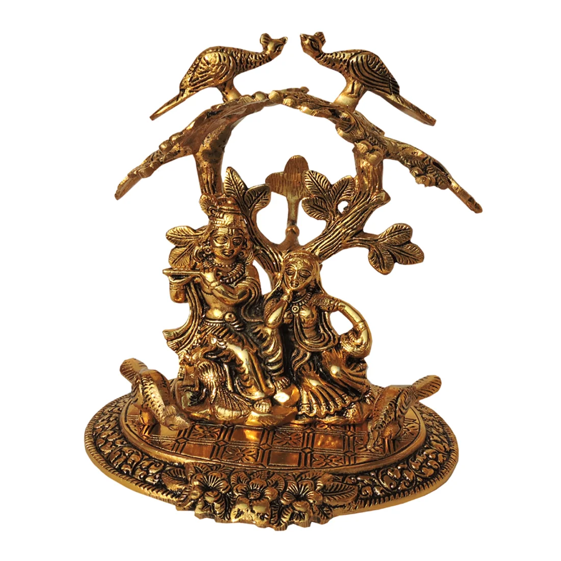 Handmade Golden Brass Radha Krishna Sitting Under Tree Show Golden Tree Radha Krishna Sculptures From India