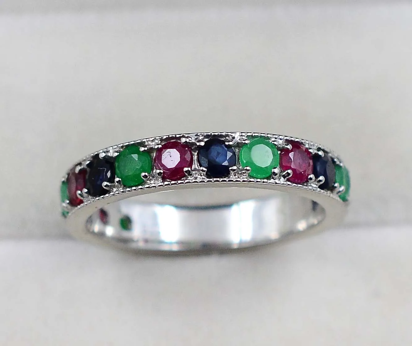 Top Quality Natural 3 MM Round Ruby Emerald Sapphire Multi Gemstone 925 Sterling Silver Women Designer Ring By Indian Exporter