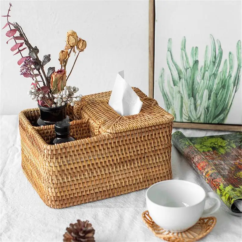 100% natural rattan napkin holder rattan tissue box wicker separated storage basket with lid made in Vietnam