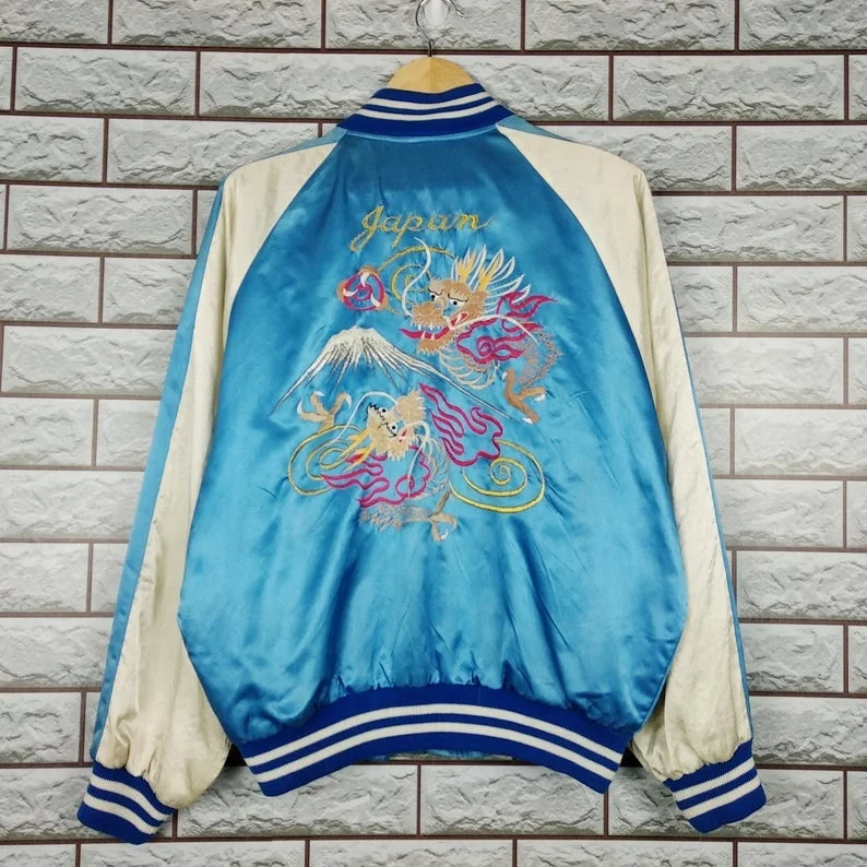 Japanese Fighting Dragon Embroidery Souvenirs Satin Varsity Jacket / Japan Varsity Jacket