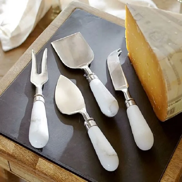 White Marble and Brass Cheese Cutting Knife Set at best rate