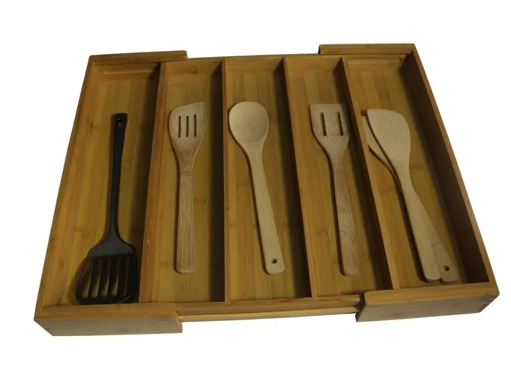 5 Slots Bamboo Tray Expandable Kitchen Drawer Organizer Bamboo Utensil Storage Tray