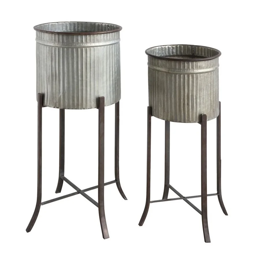 Grey & black galvanized planter pots with black large hairpin leg basket planter for decor flower pots plants rack room planters