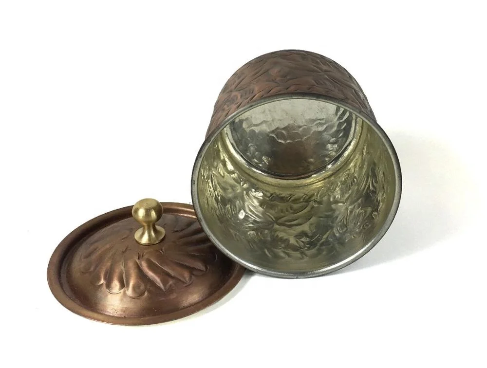 Turkish Handmade Hand Carved Safran Antique Look Copper Spice and Herb Storage, Container, Sugar Bowl