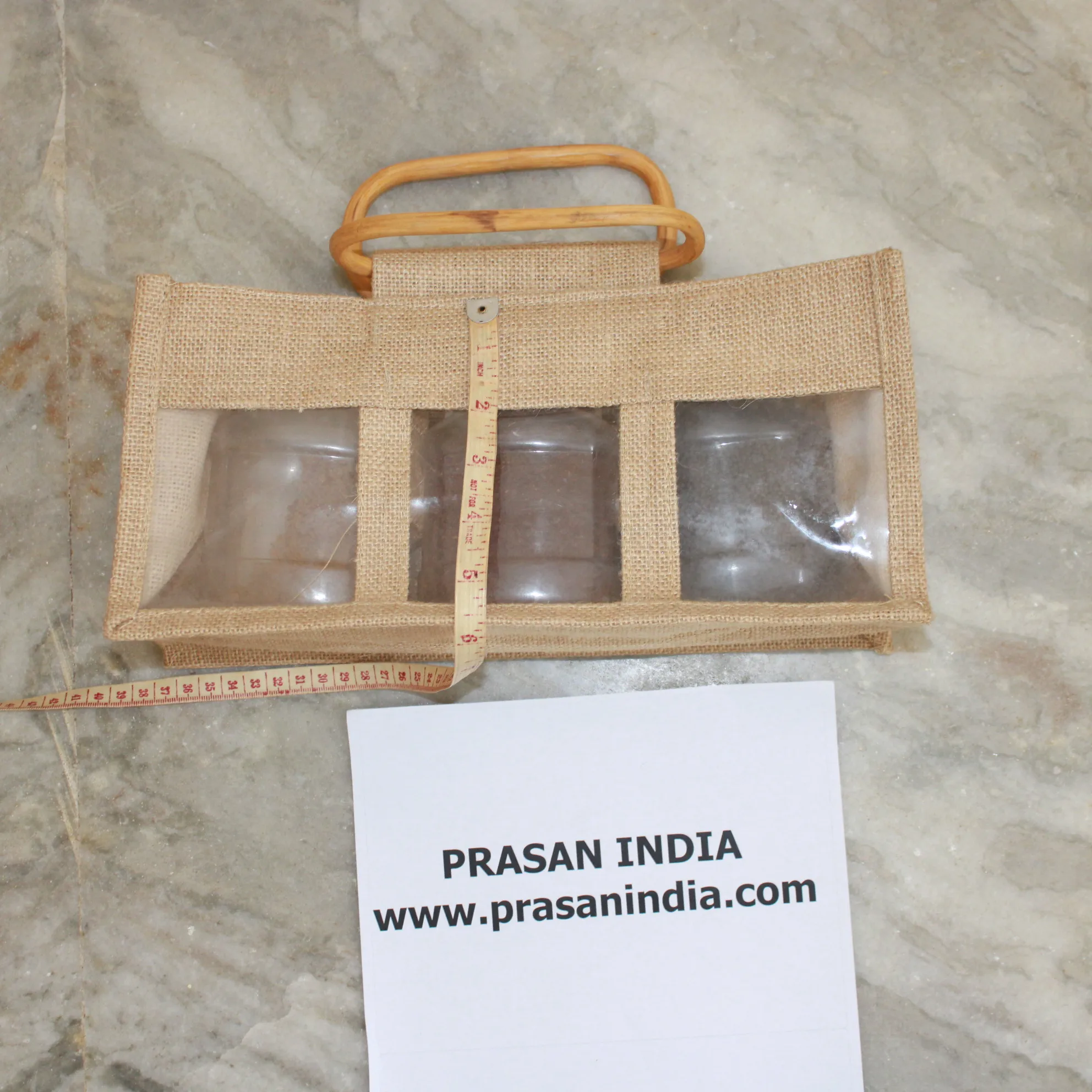 reliable three bottle jam jar bag with front transparent window and made of pure indian laminated jute burlap hessian