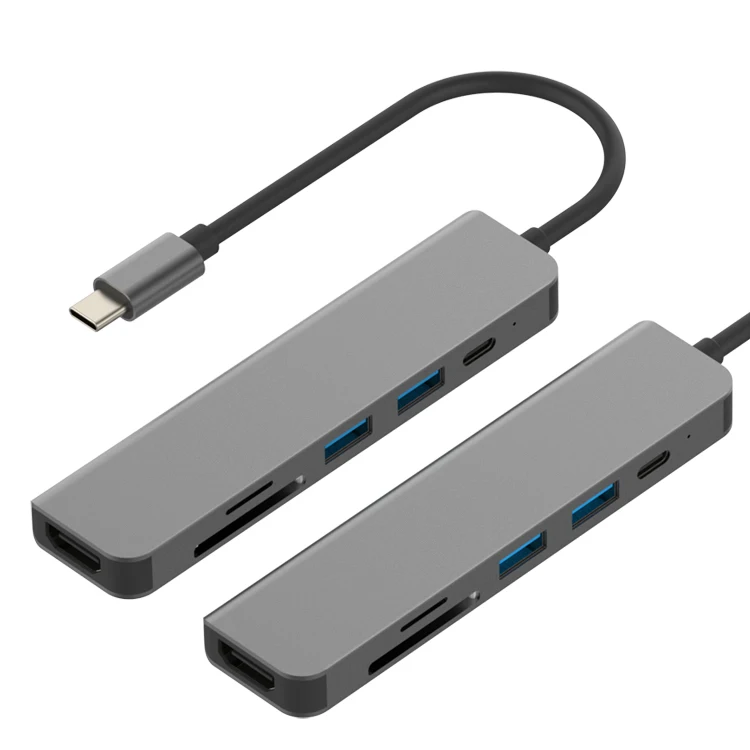 6 in 1 Type-C Hub With USB-A Port+SD Card+MicroSD+HDMI Port+PD Charging Aluminum Housing Compact Body