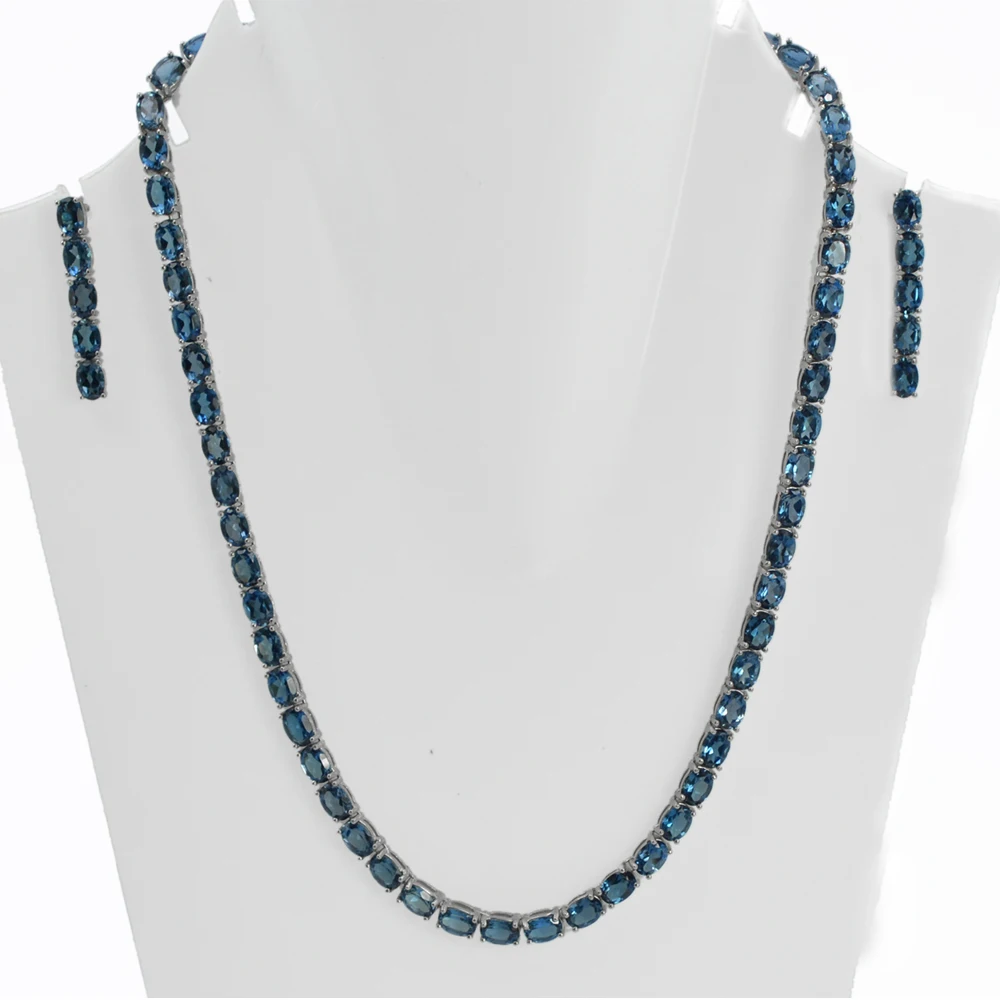 Natural London Blue Topaz 7x5 MM Gemstone 925 Solid Silver For Women Jewelry Tennis Necklace Earring Set By Jaipur Wholesaler