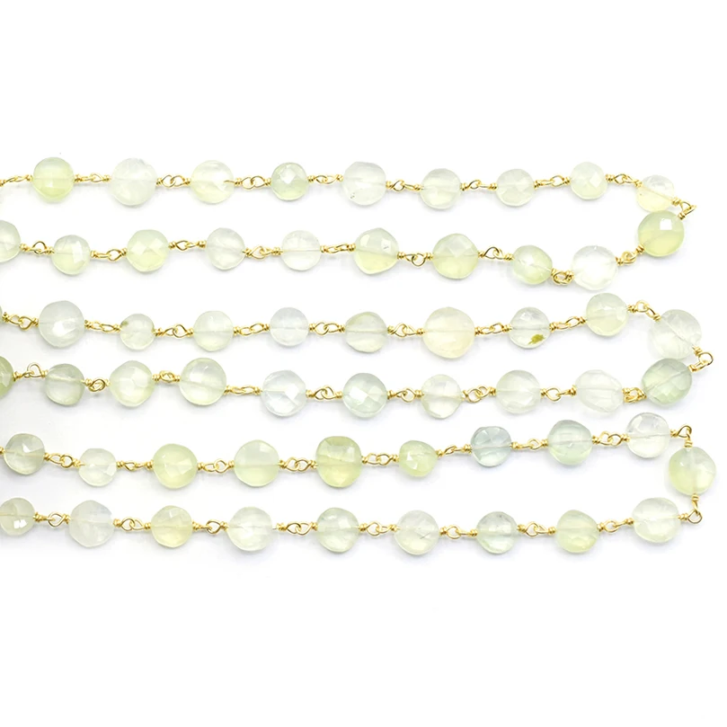 Prehnite Coin Shape Sterling Silver Gold Plated Rosary Wire Wrap Chain For Jewelry Making.