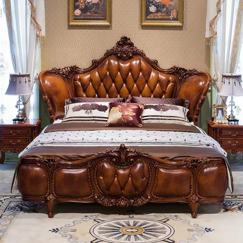 Antique Golden Bed Luxury King Size Bed European Style bedroom furniture Royal leather wooden bed