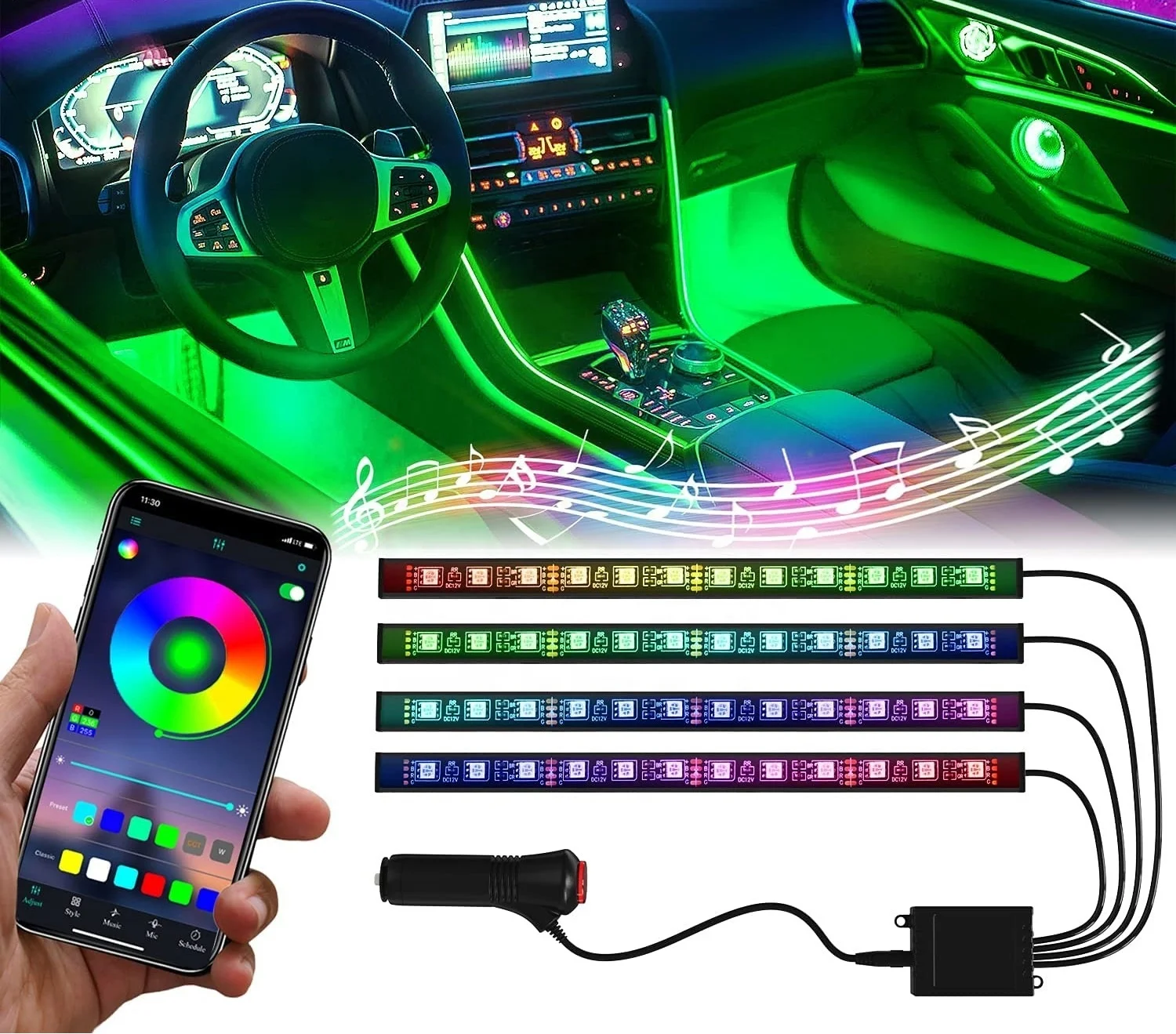 Автомобильная симфония RGB Удаленная внутренняя декоративная светодиодная лента атмосферное освещение с приложением DIY Music Mode USB беспроводной пульт дистанционного управления