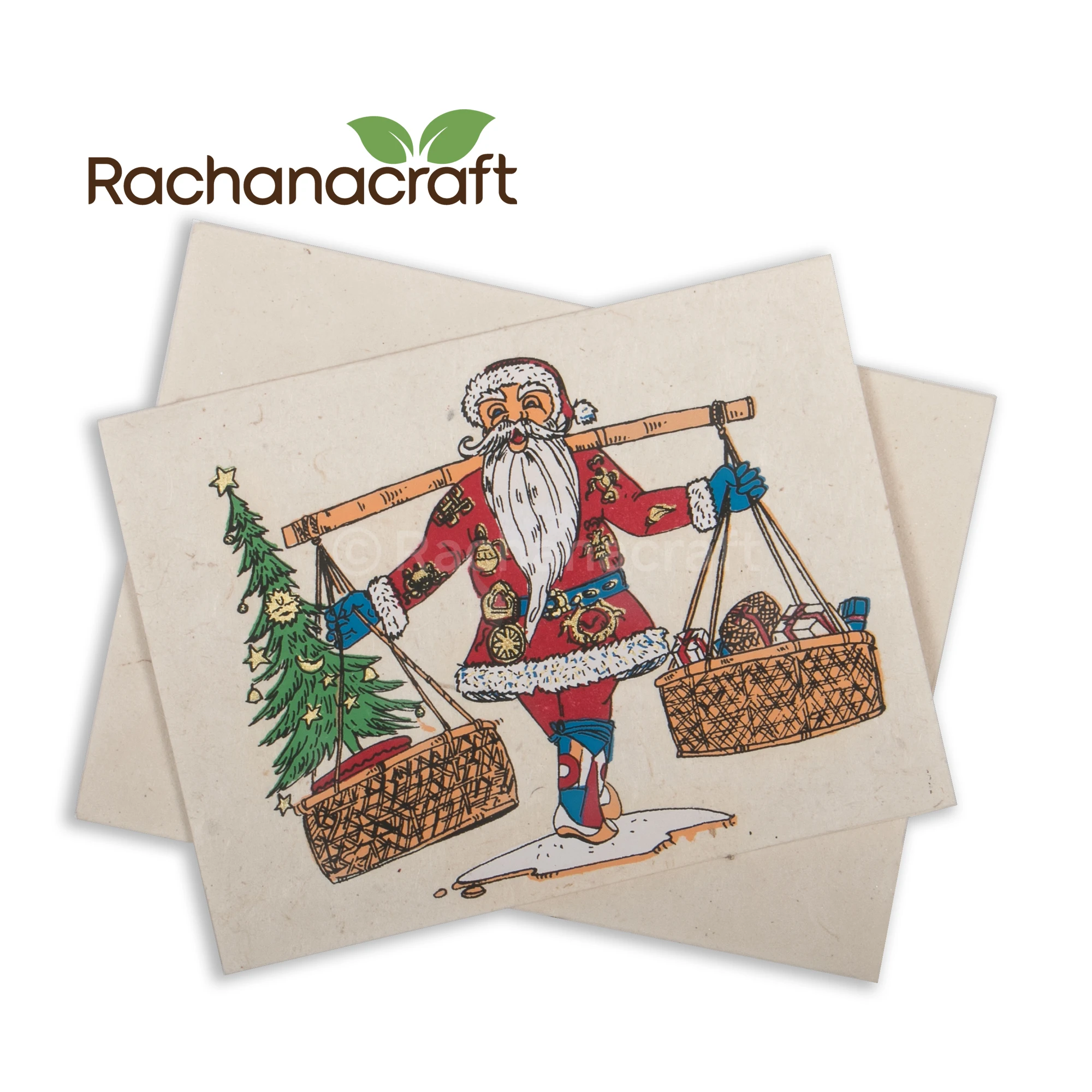 Santa Claus Design Handmade Lokta Paper Festival Greeting Gift Card for Christmas, Holidays Made in Nepal Wholesale Supplies