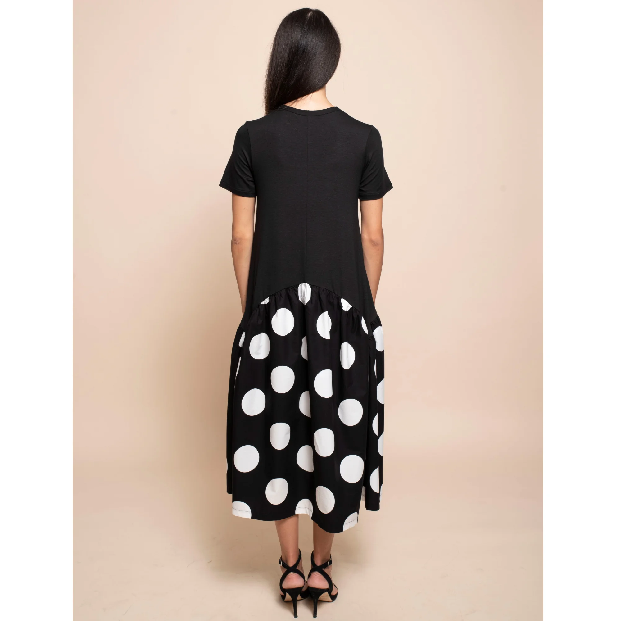 best quality italian long dress round neck half sleeve with cuts and gathered color solid color and polka dots