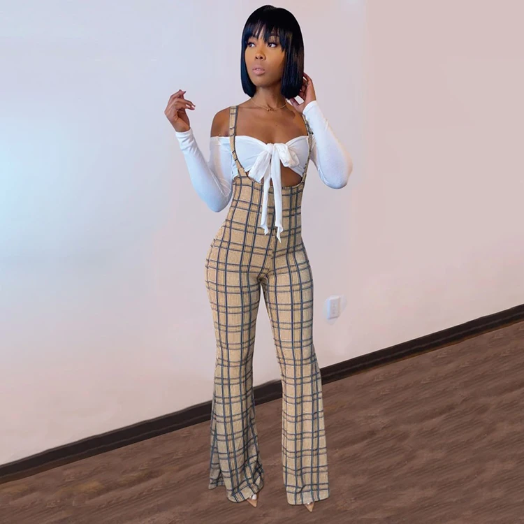 Casual Tie-Bow Ladies Clothing White Tops And Sleeveless Plaid Jumpsuit 2 Piece Set For Women Two Woman Pieces Sets Outfits