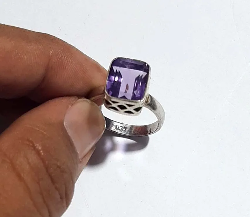 Good Looking Square Faceted Amethyst Gems Ring 10x12 mm In Size 925 Silver Bezel Set Ring Jewelry Beautiful Ring For Men Women