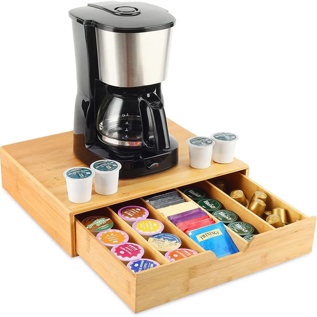 low one layer bamboo wooden nespresso coffee capsule drawer storage holder with 5 compartments