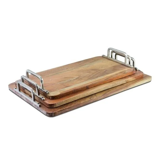Wholesale Decorative Bamboo Food Trays Wooden Service Ottoman Tray Set Big Wooden Tray With Handles