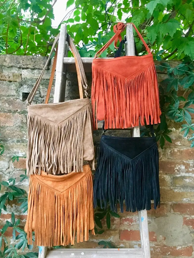 Cross body bag for Women Boho suede leather Bag in Black with Fringe for Wholesale. Messenger Bag in Soft Genuine Suede Leather