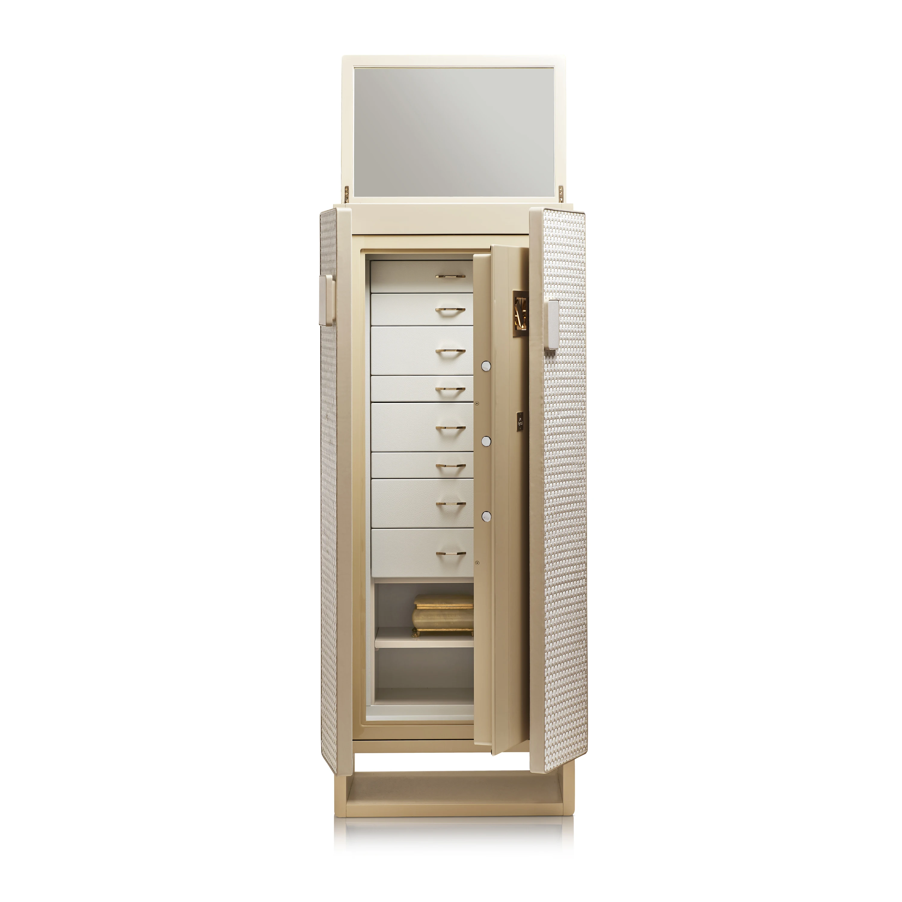 Armored jewelry cabinet covered in white and beige hand threaded leather