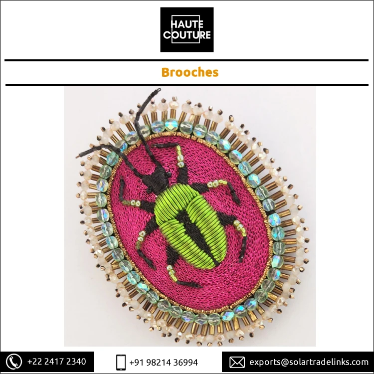 Oval Shape Handmade Fashion Jewelry Thread Embroidered Green Beetle Bug Brooch for Women