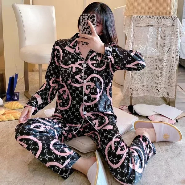 Fall SleepWear Lady 2 Piece Nightwear  Nighty Home Clothes Silk Pyjama Designer Inspired Pajama Satin Night Suit For Women
