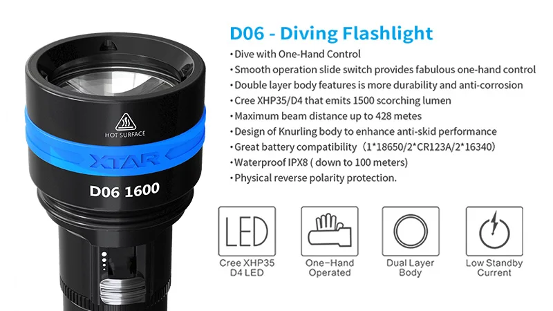 Xtar D06 1600 Cr123a 16340 18650 Powered Long Range Distance 430m Long Shot Beam Led Waterproof 100m Diver Flashlight