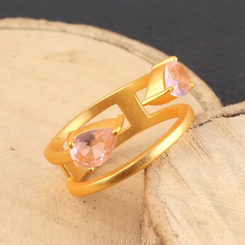 Customized Faceted pink Quartz 5x7mm Pear Shape Ring Dull Gold Plated Minimalist Fashion Handmade 7 US Party Wear for Woman