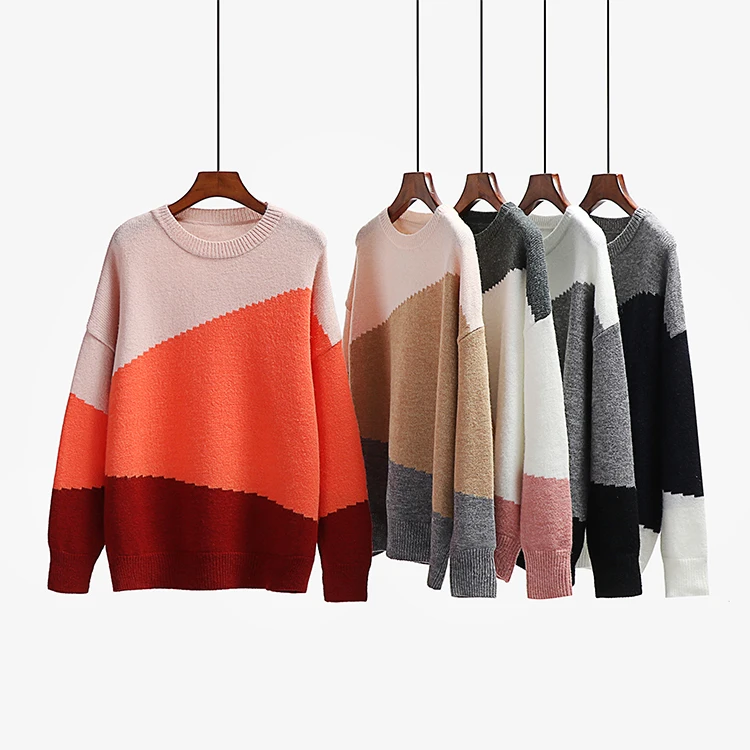 Hot Sale Women Pullover Crew Neck Color Block Long Sleeves Sweater Girls Stylish Knitted Pullover Sweater