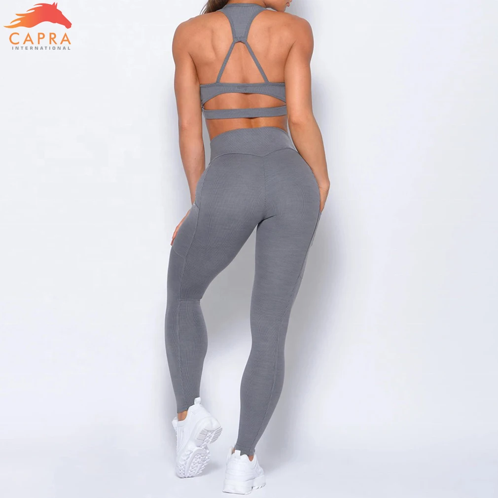 High Waisted Fitness Leggings and Sports Bra Sets Sexy Plus Size Pants With Pockets Women Yoga Gym Set Wholesale