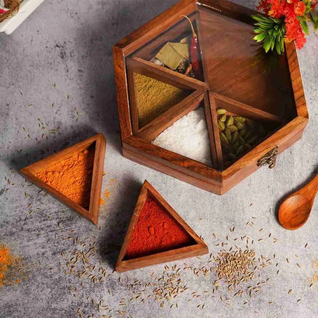customized best quality handcrafted natural wooden spice box  spice container for home home restaurant hotel from India .