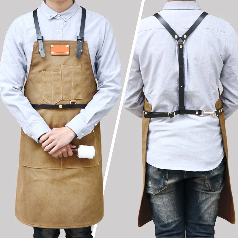 Custom LOGO Cafe Workwear Sling Apron Fashion Denim Canvas Leather Apron