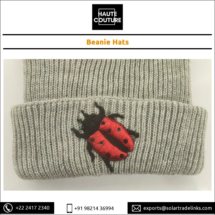 Unisex 23 cm x 20 cm Winter Season Knitted Beanie Hat Hand Embroidered Beetle Design for Outdoor & Daily Use for Adults