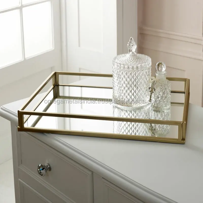 High Quality Rectangular Shaped Glass Body Tray With Golden Finished Metal Border For Luxury Tableware