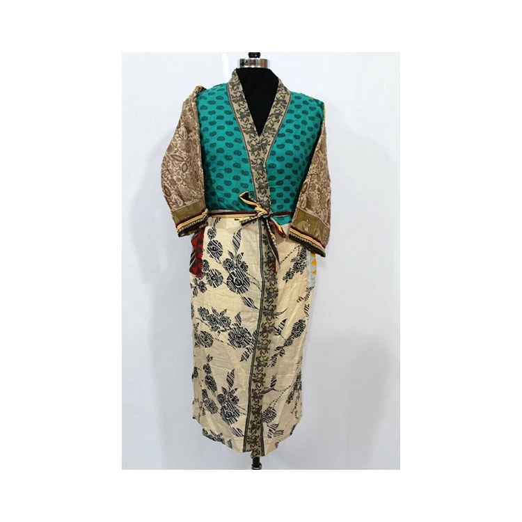 Stylish Silk Sari Handmade Night Wear any Occasion Casual 3/4 Sleeve Kimono with Bell Sleeve Belt Moroccan Kaftan