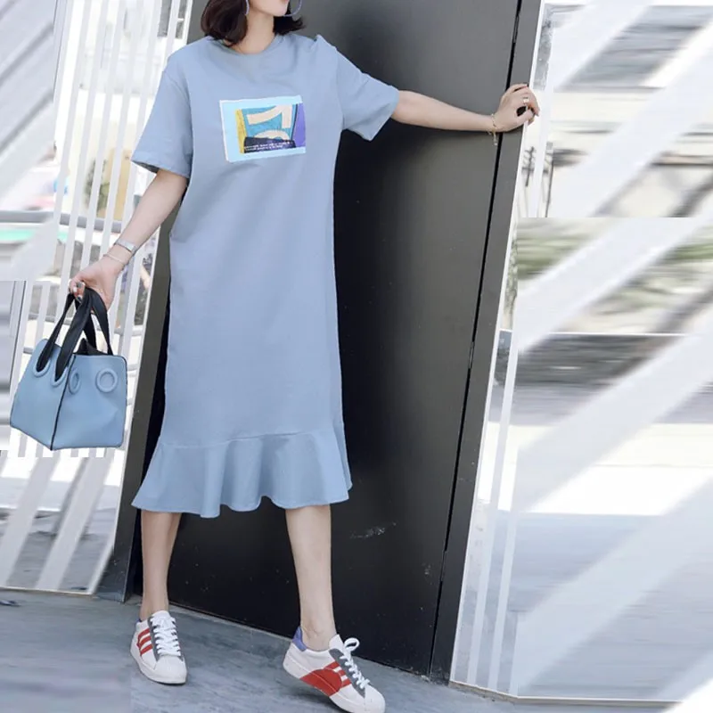 Hot sale custom casual cotton t shirt dress summer long skirt women clothing loose oversized graphic print ruffles midi dresses