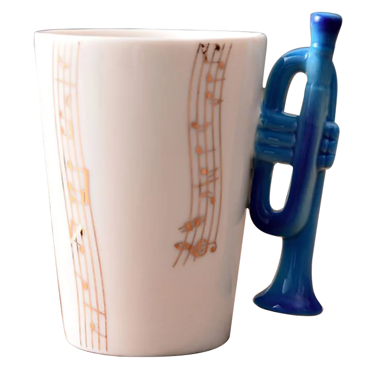 Blue Musical Design With Unique Trombone Handle Ceramic Coffee Mug