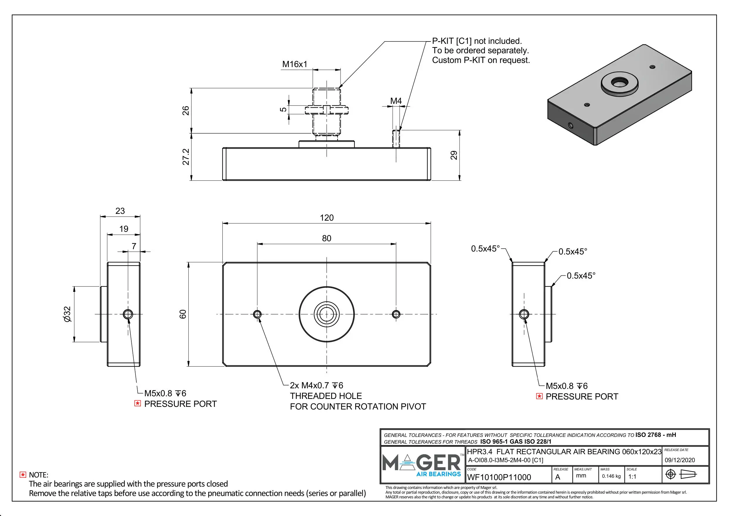 ITALY TOP QUALITY FLAT RECTANGULAR AIR BEARING HPR3.4 60x120x23