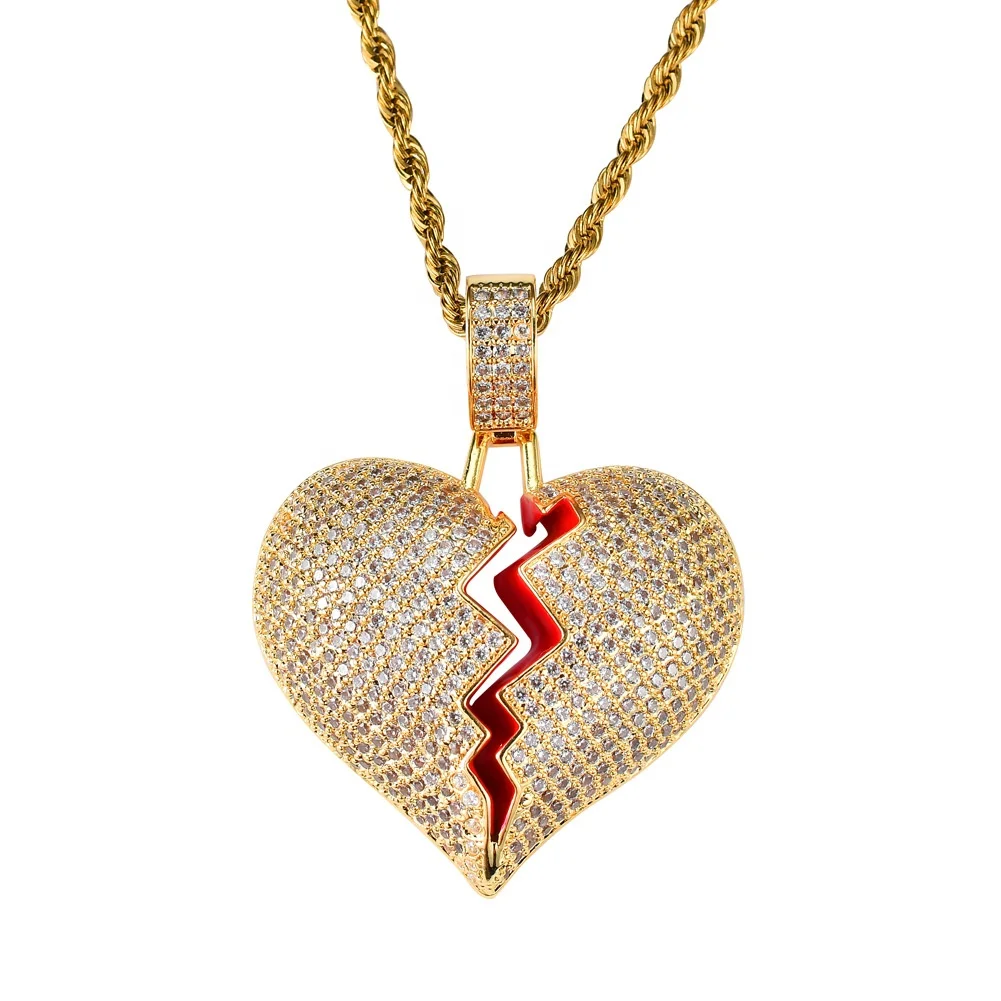 Hip Hop Bling Iced Out Gold Plated Teeth Pendant Necklace Twist Cuban Full Diamond Broken Heart Shape Pendant Necklace