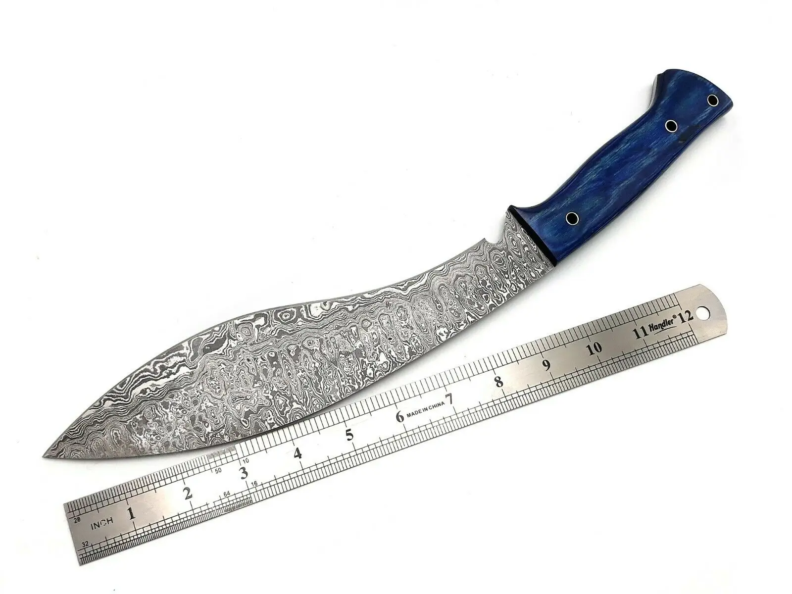 
DAMASCUS STEEL TWISTED PATTERN HUNTING BOWIE KNIFE WITH PAKKA WOOD HANDLE AND LEATHER SHEATH 