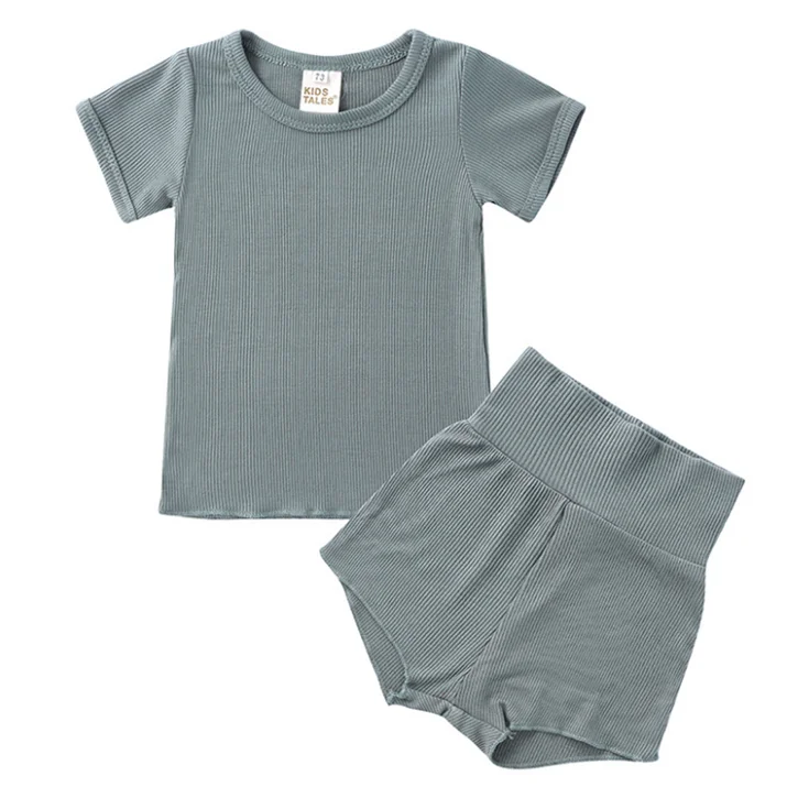 
2021 summer Kids Tales new baby clothing set soft rib cotton solid color unisex toddler underwear baby short sleeve pajamas sets 