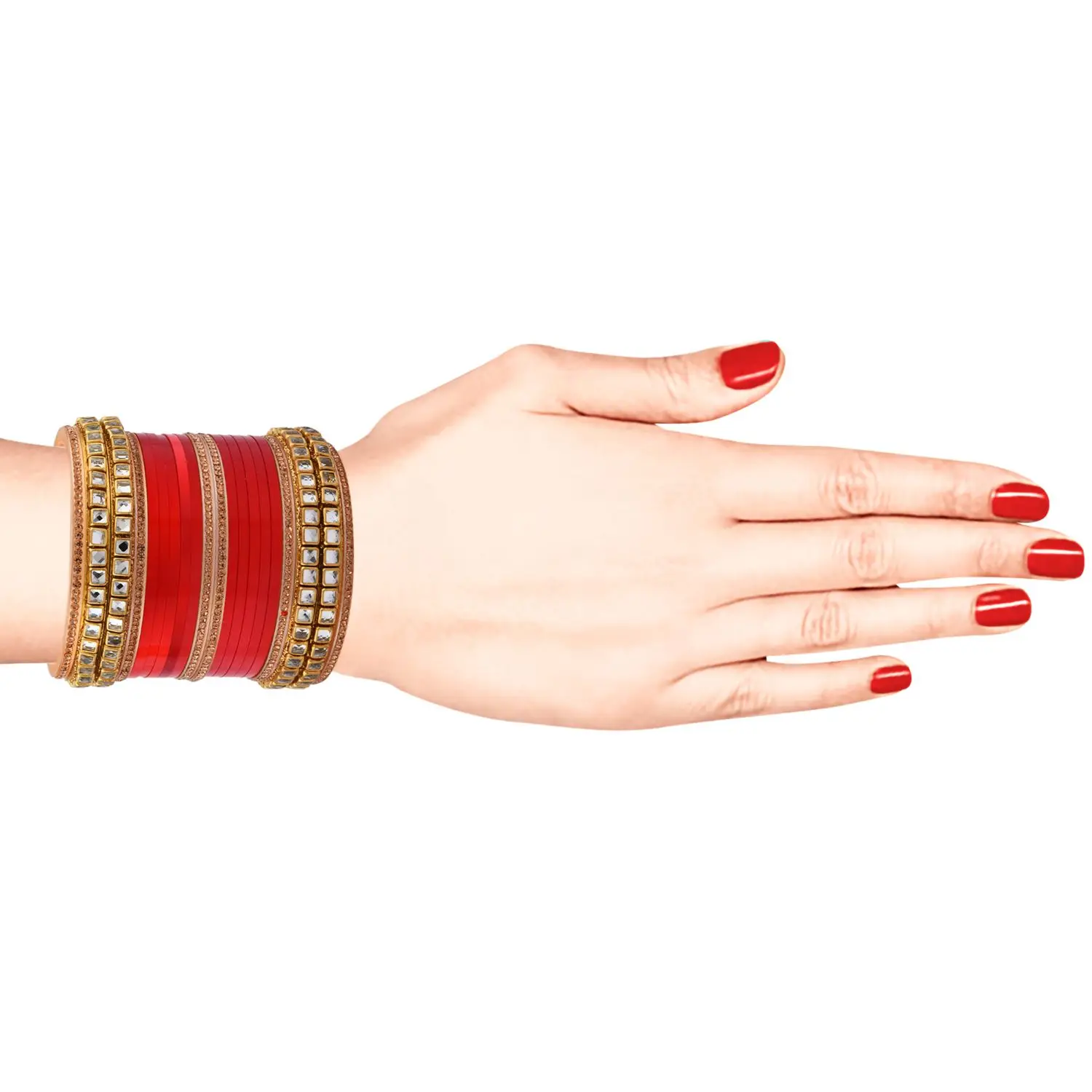 Traditional Handmade Kundan Karva Chauth Acrylic Red Bangle Bracelet Set Indian Bollywood Wedding Jewelry for Gifts
