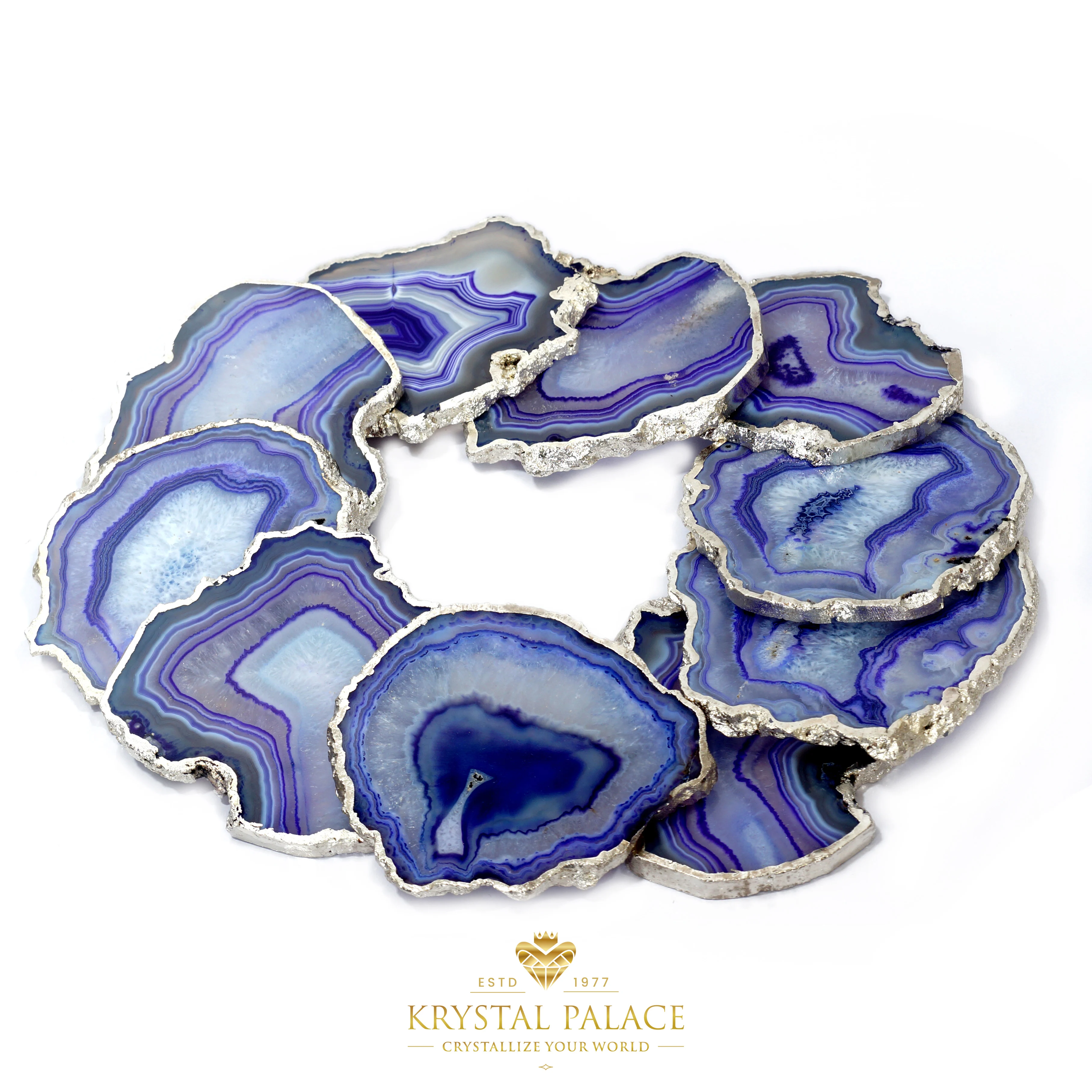 SET OF BLUE AGATE BANDED ONYX CRYSTAL TEA COASTER | SLICES WITH SILVER & GOLD PLATED SIDES BY KRYSTALPALACE