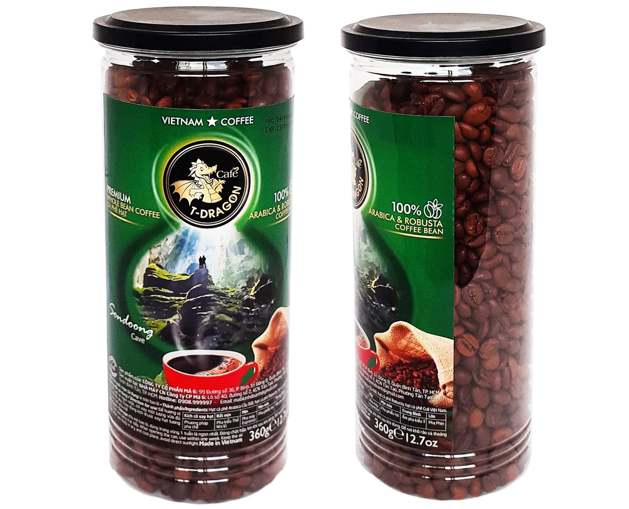 Vietnam Whole Bean Coffee Sugar-Free 360GR CAFE T-DRAGON - PREMIUM WHOLE BEAN - ARABICA ROBUSTA COFFEE BEAN