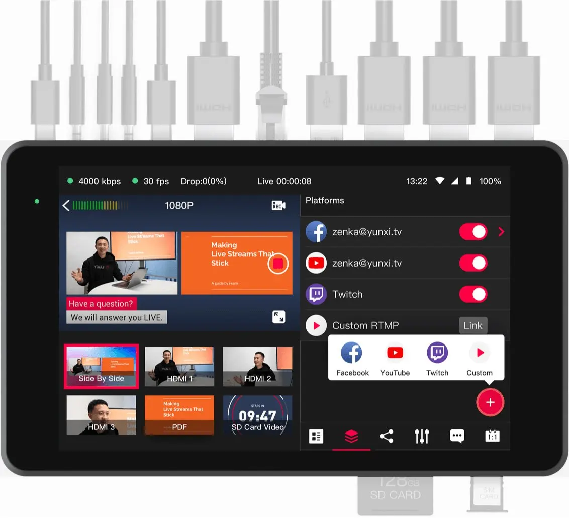 A yolobox portable live streaming video Encoder studio live broadcasting device with 7 inches touch screen live streaming box