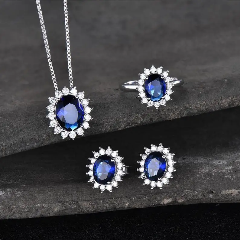 Свадебный комплект украшений с синим сапфиром, обручальное кольцо с сапфиром и подвеска, синие серьги, серебряные ювелирные изделия для невесты, камень месячного рождения