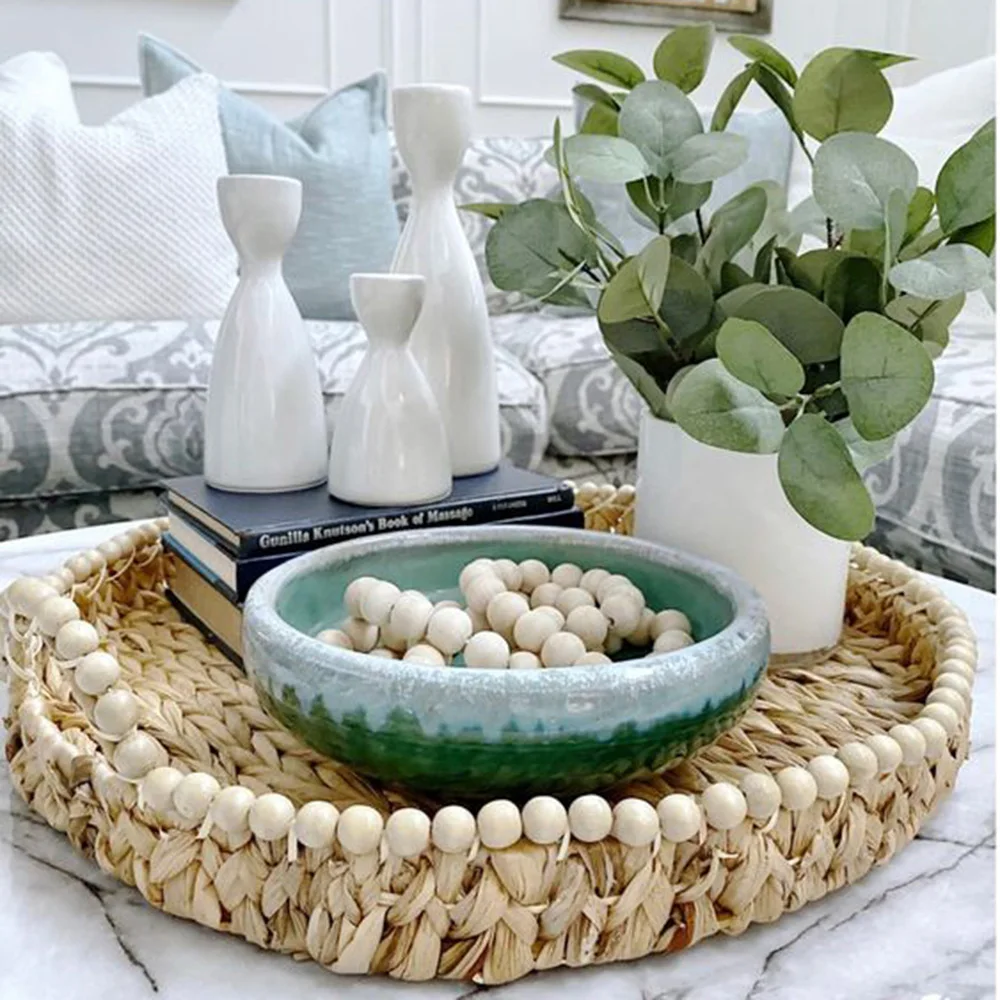 Round Beaded Woven Water Hyacinth Basket Tray Coffee, Food/Coffee Serving Tray/Decorative Storage