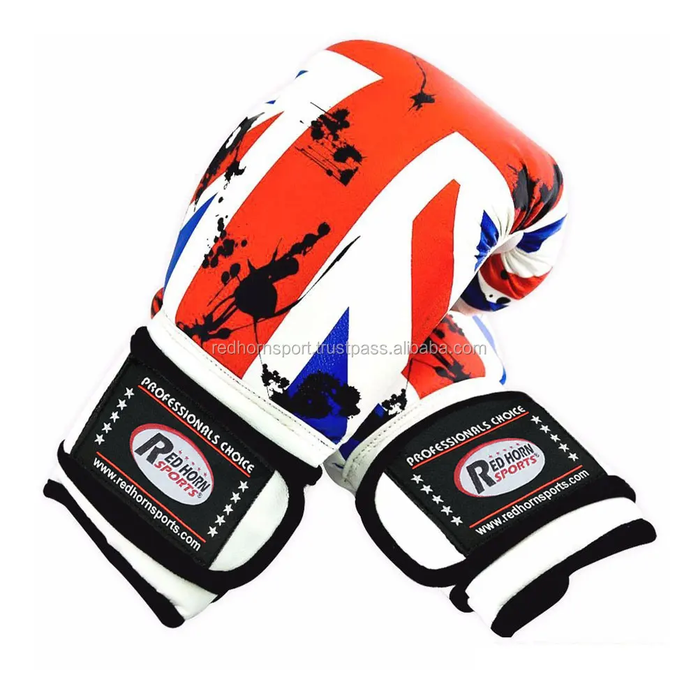 RHS Флаг Великобритании Индивидуальные боксерские перчатки с названием спортзала и логотипом. Красный рог Спорт