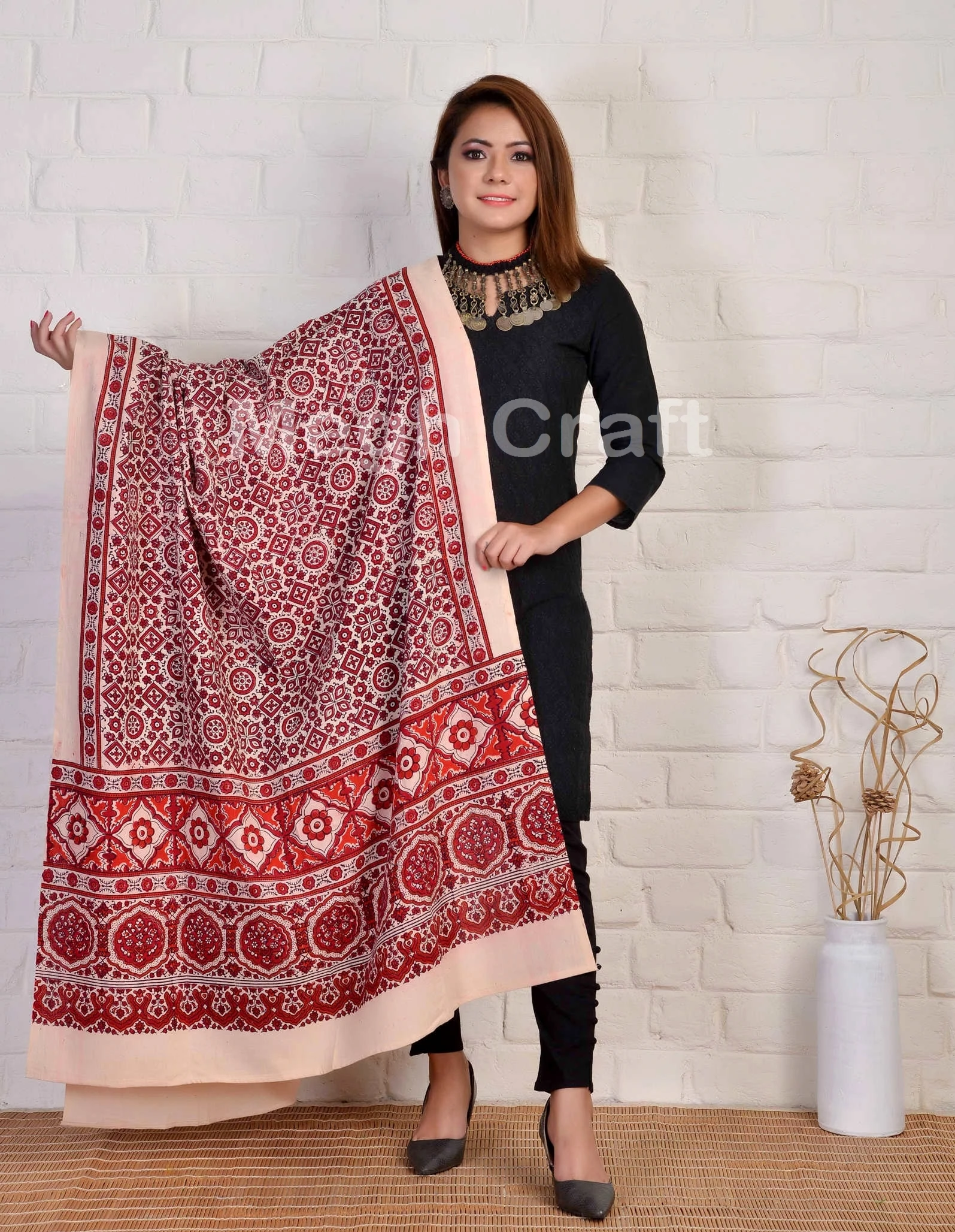 Cotton Block Printed Ajrakh Dupatta - Designer Ajrakh Stoles- Wholesale Cotton Dupatta - Gujarat Traditional Dupatta