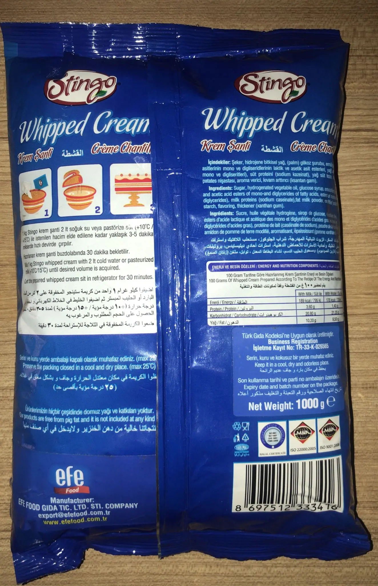 Whipped Cream Chantilly Powder Bag Packaging Cake High Vanilla Food Ingredient 10 % Max. Moisture White Powder